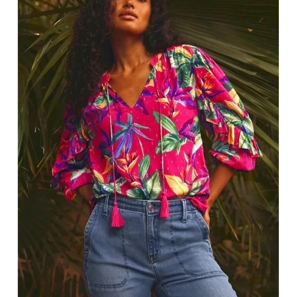 NEW Chico's Double Ruffle Sleeve Vivid Botanical Blouse Tasseled Top Size 1 US 8 - Picture 10 of 11